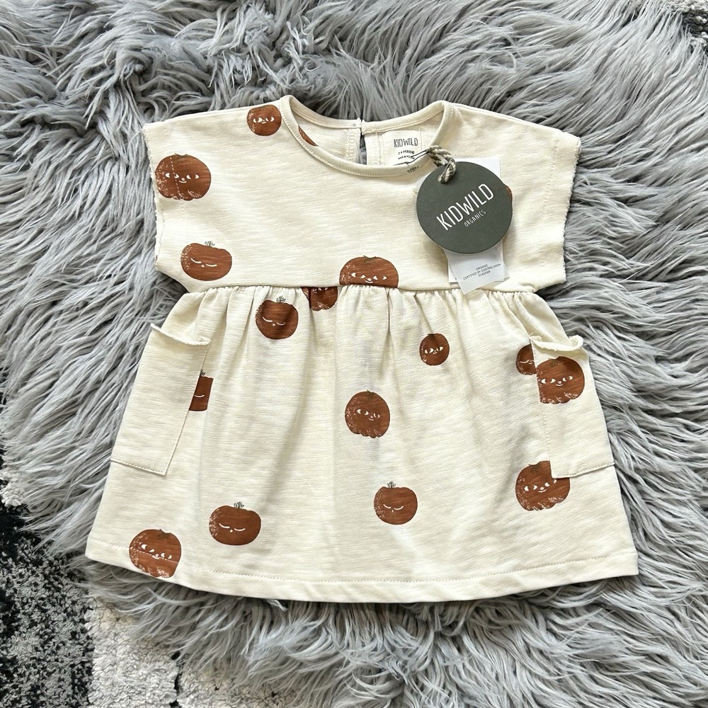 Kidwild Organics Cream Tomato AOP Dress Size 3/6 Month